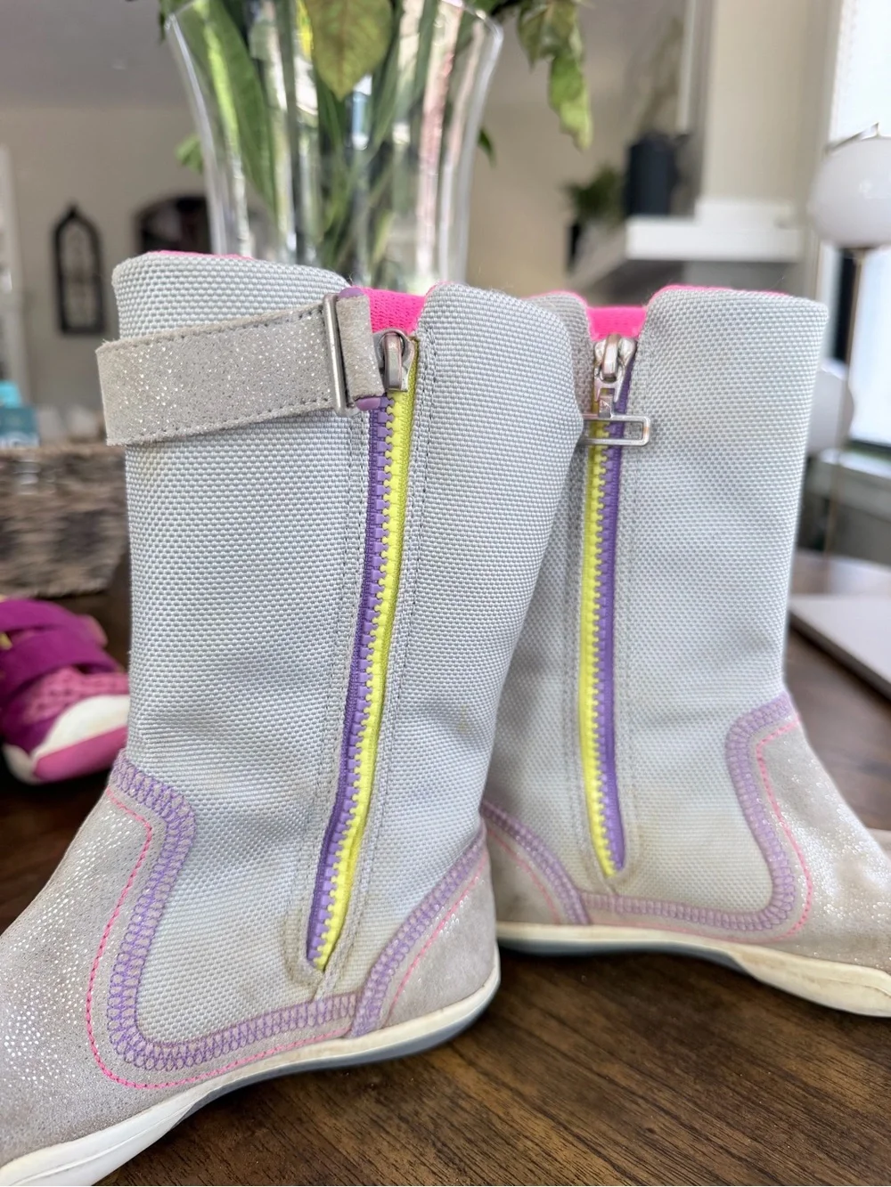 Plae Camilla Shimmer Light Gray and Pink Zipper Boots
